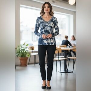 Apriori, Blue Tie-Dye Jewel Neckline Top, US 12 / Canada 14